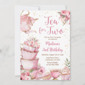 Thee voor twee verjaardagsfeestje roze bloementhee kaart (Voorkant)