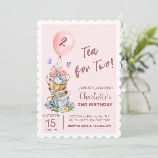 Thee voor twee verjaardagsfeestje roze bloementhee kaart (Staand voorkant)
