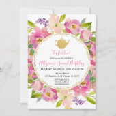 Thee voor twee wazige roze florale waterverven ver kaart (Voorkant)