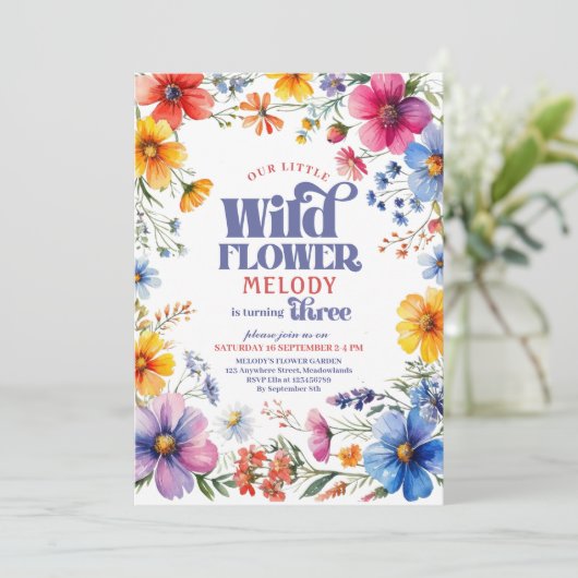 Thee year old Wildflower 3rd birthday Invitation Kaart (Staand voorkant)