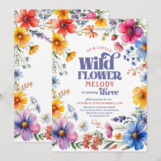 Thee year old Wildflower 3rd birthday Invitation Kaart (Voorkant / Achterkant)