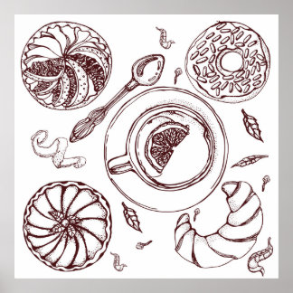 theebeker, gebak, croissant, , hand poster