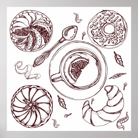 theebeker, gebak, croissant, , hand poster (Voorkant)