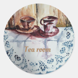  theebekertjes op keukengerei met witte kant ronde sticker