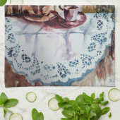 theebekertjes op witte kant theedoek (Gevouwen)