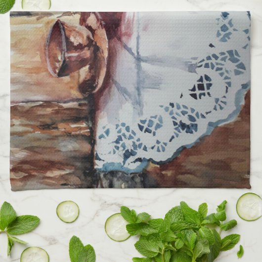  theebekertjes op witte kant theedoek (Gevouwen)