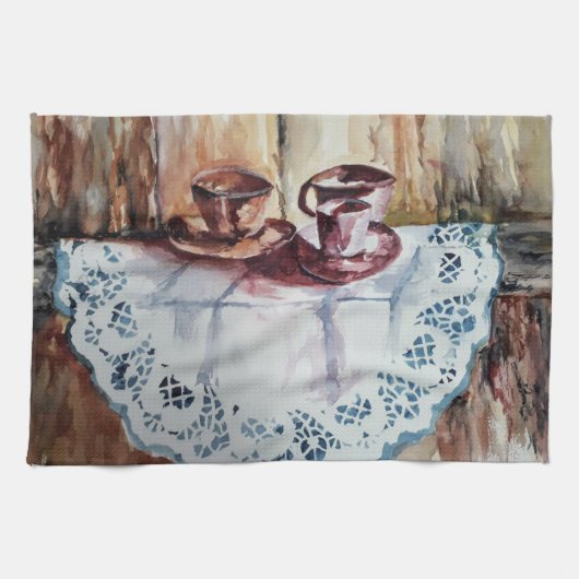  theebekertjes op witte kant theedoek (Horizontaal)