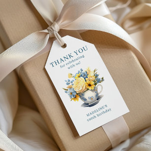 Theeblad Geel Blauwe Bloemen 100ste Verjaardag Cadeaulabel