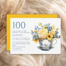 Theeblad Geel Blauwe Bloemen 100ste Verjaardag