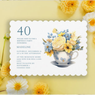 Theeblad Geel Blauwe Bloemen 40e Verjaardag Kaart