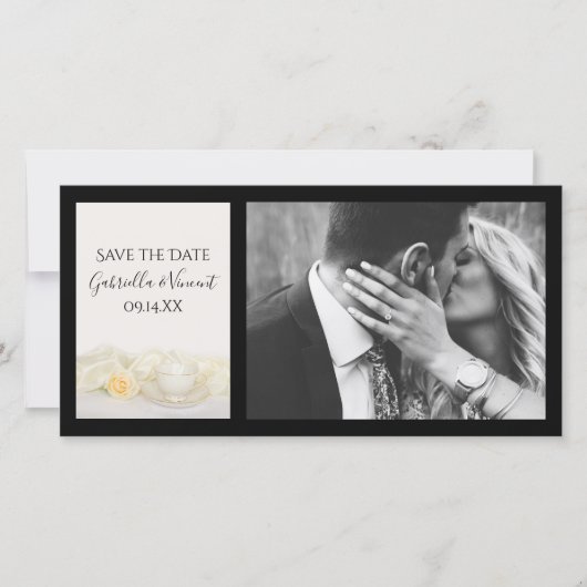 Theebokaal met witte roos huwelijksaankondiging save the date (Voorkant)