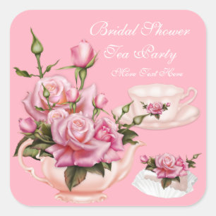 Theebruidspartij Roze Roos Bloem Theepot Vierkante Sticker