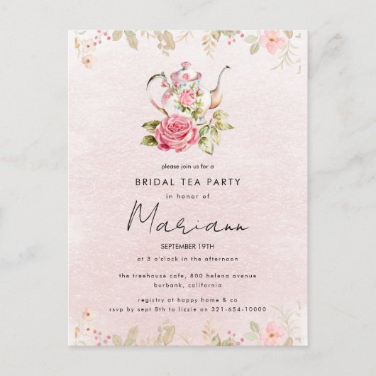 Theebruidspartij Uitnodiging met Theepot en Bloeme (Voorkant)