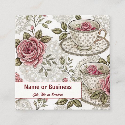 Theecups en rozen vierkante visitekaartje (Voorkant)