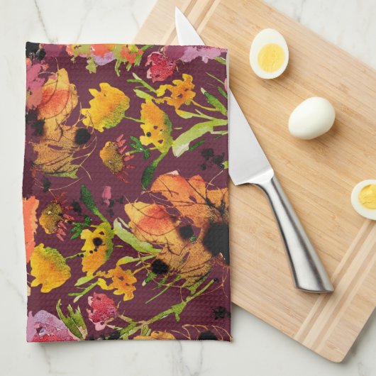 Theedoek met handgeschilderde bloemen in inkt (Quarter Fold)