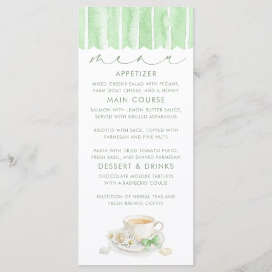 Theekaart groene baby shower menu kaarten (Voorkant)