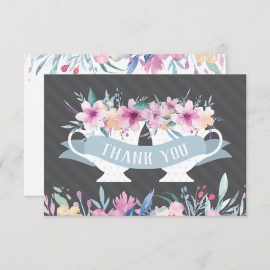 Theekaart met bloemen en theekopje bedankkaart (Voorkant / Achterkant)