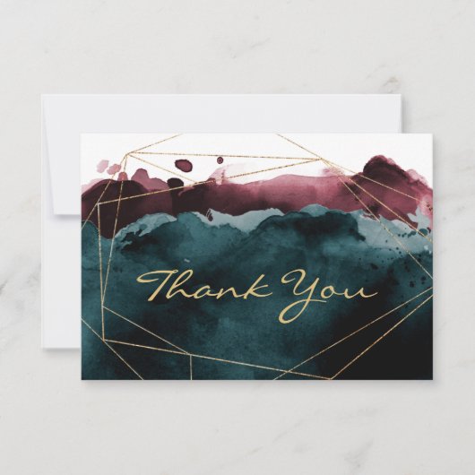 Theekaart met teal- en bordeauxroze waterverf bedankkaart (Voorkant)