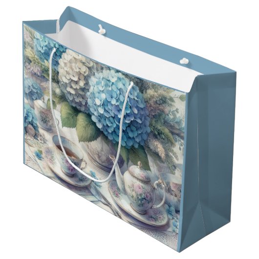 Theekan en blauwe hortensia cadeautas (Voorkant Gekanteld)
