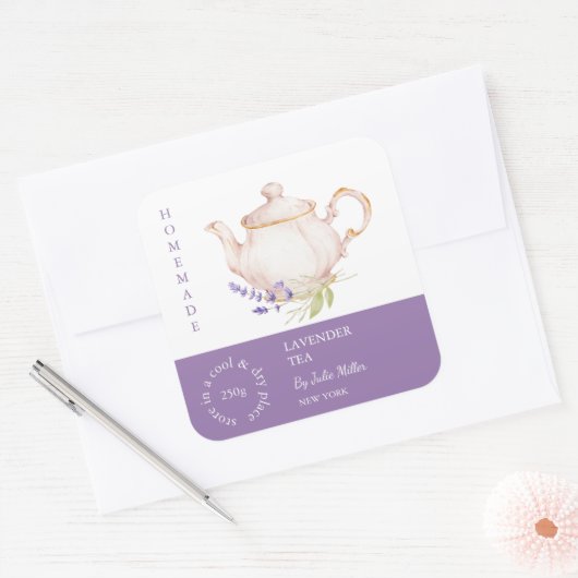 Theekan Lavendeltjeesetiket Vierkante Sticker (Envelop)