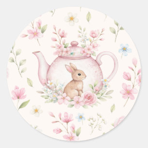 Theekanne met Konijn Roze Bloemen Lente Ronde Sticker
