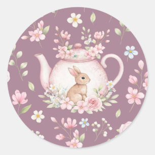 Theekanne met Konijn Roze Bloemen Lente Ronde Sticker