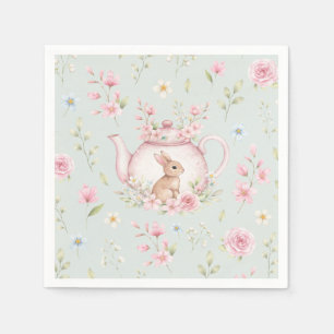 Theekanne met Konijn Roze Bloemen Lente Servet