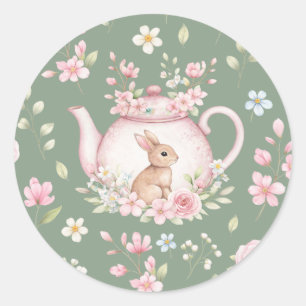 Theekanne met Konijn Roze Bloemen Salie Groen Lent Ronde Sticker