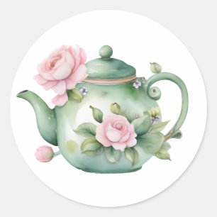 Theekanne met roze pioenrozen in waterverf Classic Ronde Sticker