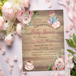 Theekanne Theekop Bloem Hout Baby Shower Kaart