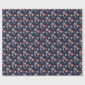 Theekannen, kopjes, kleurrijke bessen op marinebla cadeaupapier (Vlak)