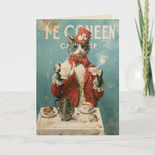 Theekoningin Kat in Vintage Victoriaanse Stijl Kaart