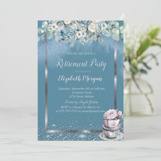 Theekop Dusty Blue Flowers Kaart (Staand voorkant)