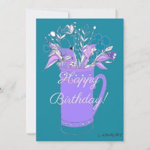 Theekop met Felicitatief Bloemen in de Kleur Teal Feestdagenkaart