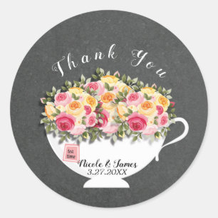 Theekop met Rozen Bruiloft Thee Favor Ronde Sticker