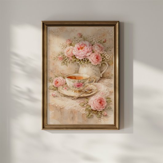Theekop met rozen poster