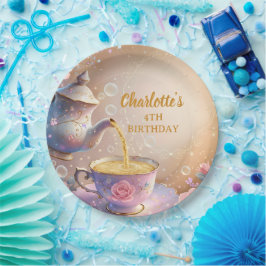 Theekopje en theepot met bloemen - Elegant pastelk Papieren Bordje