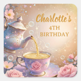 Theekopje en theepot met bloemen - Elegant pastelk Vierkante Sticker