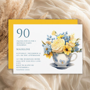 Theekopje Geel Blauwe Bloemen 90ste Verjaardag Kaart