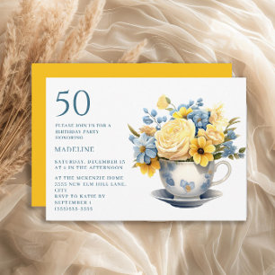 Theekopje Gele Blauwe Bloemen 50e Verjaardag  Kaart