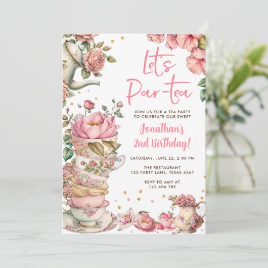 Theekopje Verjaardagsfeestje Par-tea Bloemige Verj Kaart (Staand voorkant)