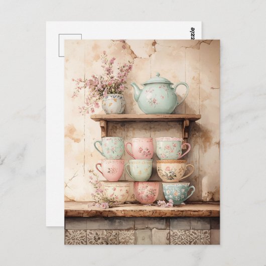Theekopjes en theepot set rustiek briefkaart (Voorkant / Achterkant)