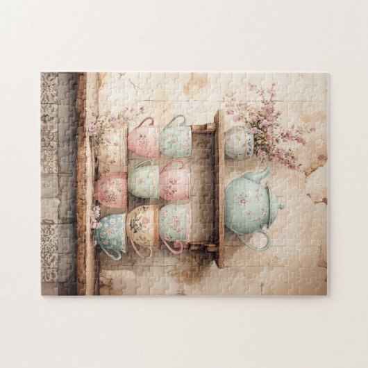 Theekopjes en theepot set rustiek legpuzzel (Horizontaal)