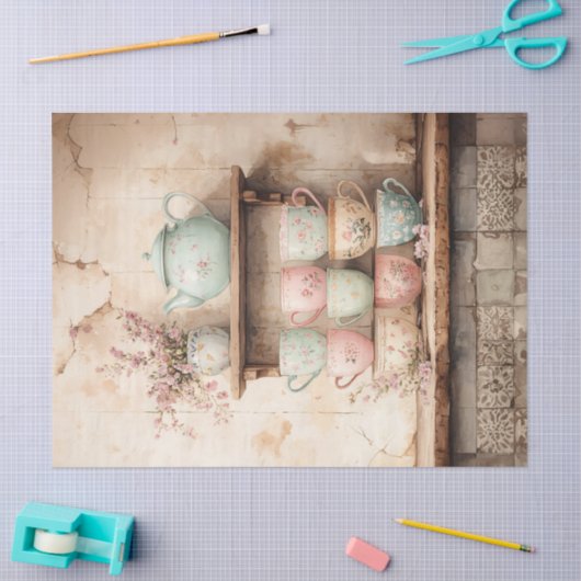 Theekopjes en Theepot Set Rustieke Decoupage Tissuepapier (Craft)