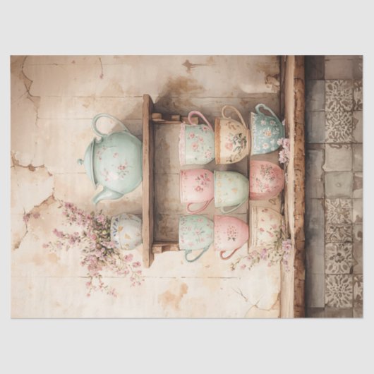 Theekopjes en Theepot Set Rustieke Decoupage Tissuepapier (Voorkant)