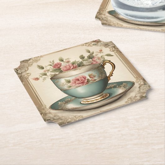 Theekopjes met bloemen Bruiloftsfeest Theevisite V Kartonnen Onderzetters (Gekanteld)