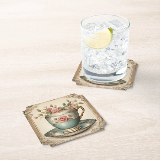 Theekopjes met bloemen Bruiloftsfeest Theevisite V Kartonnen Onderzetters (Insitu)