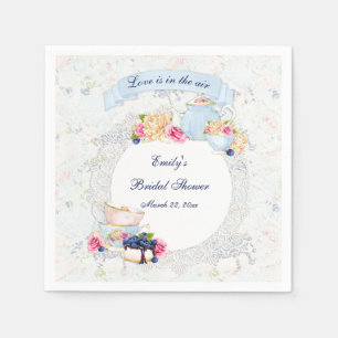 Theekopjes Theepot Blauw Wit Roze Kant Servet