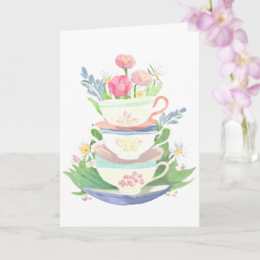 Theekopstapel in pastel met bloemen kaart (Orchidee)