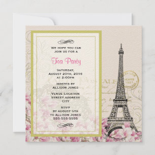 Theekrans met vintage Eiffeltoren en roze bloemen Kaart